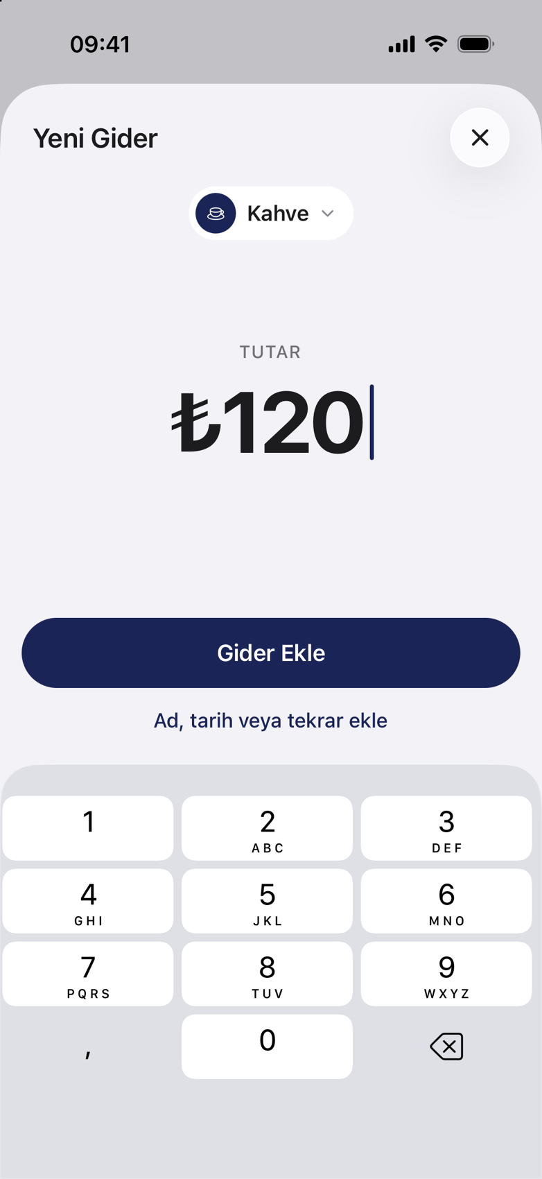 OwenFlow gider ekleme ekranı